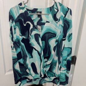 INC International Concepts Teal and Navy Swirl Wrap Blouse